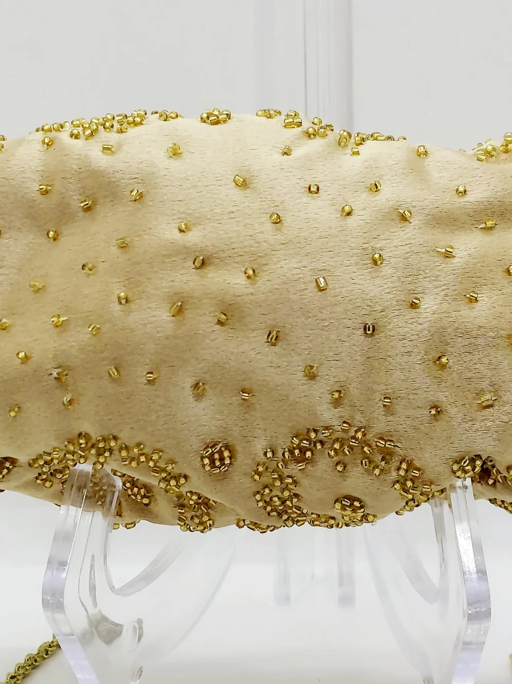 La Regale Matte Gold Satin Beaded Convertible Clutch Purse With Chain Strap
